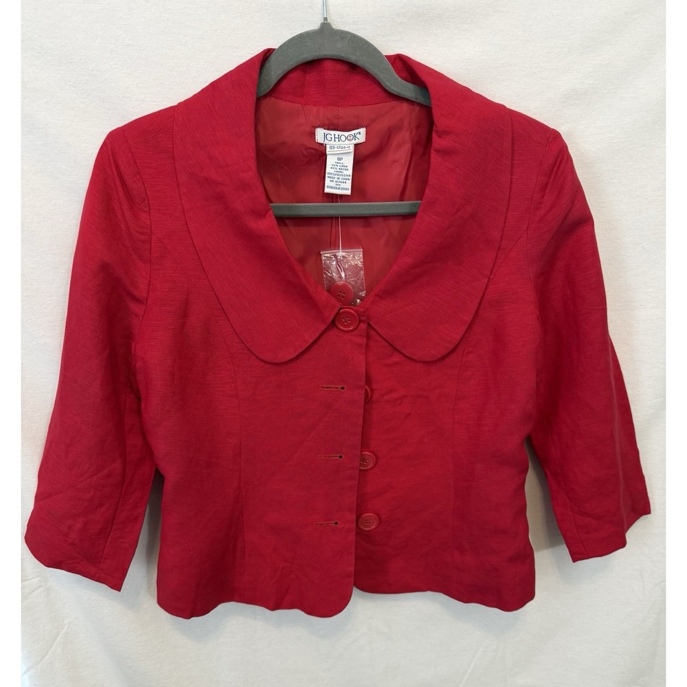 Red Cropped Linen Blazer Vintage JG Hook Jacket‎ Peter Pan Collar Retro NWT 8